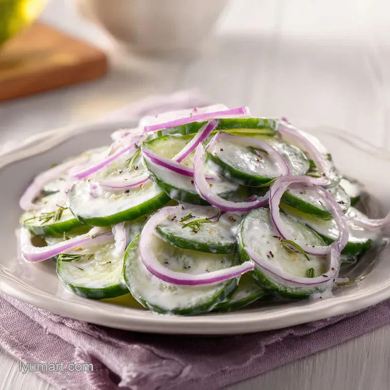 Thinly sliced cucumbers tossed in a velvety white dressing, garnished with fresh dill sprigs on a slate platter.