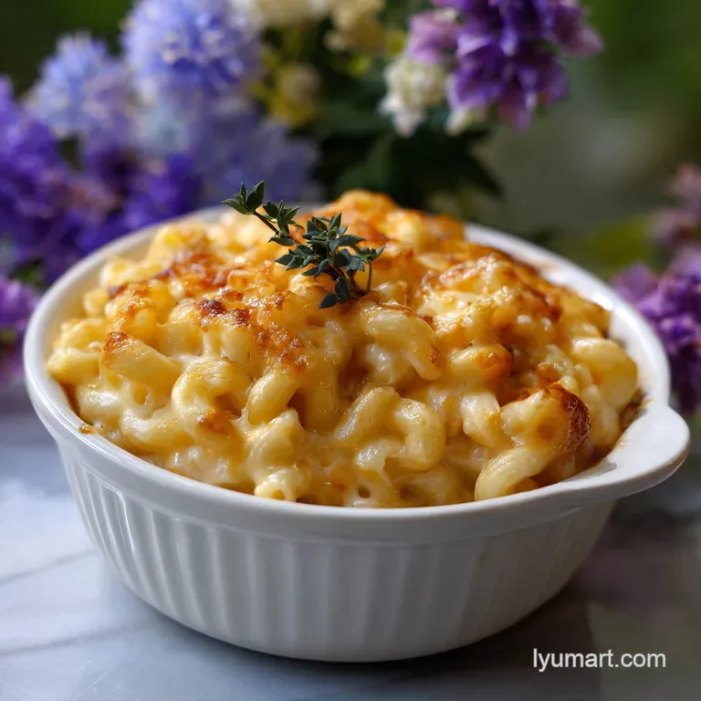 Elegant swirl of creamy mac and cheese, artfully plated with a dusting of paprika and a sprinkle of fresh parsley, inviting.