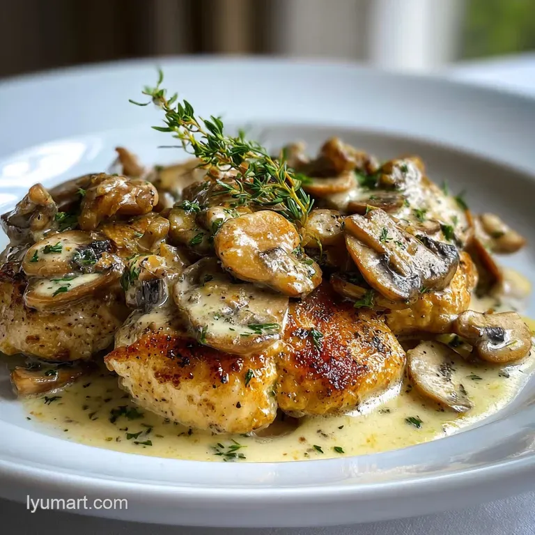 Elegant plate of tender chicken in a rich, ivory sauce with mushrooms, topped with fresh parsley, next to a glass of white...