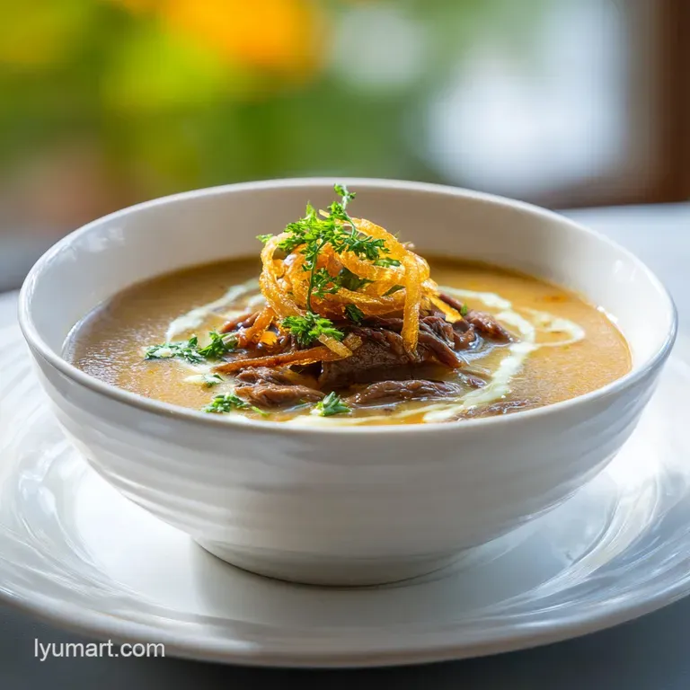 Close-up of creamy cheesesteak soup in a rustic bowl, topped with toasted bread and parsley. Steam rises invitingly.