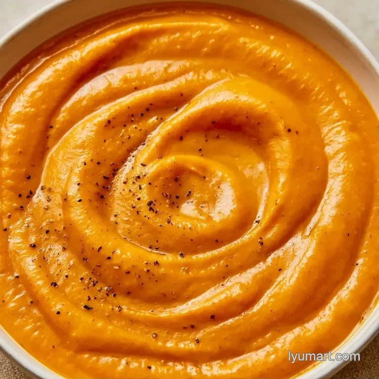 A swirl of orange-hued pasta in a white ceramic bowl, garnished with cracked black pepper and a sprig of fresh basil.