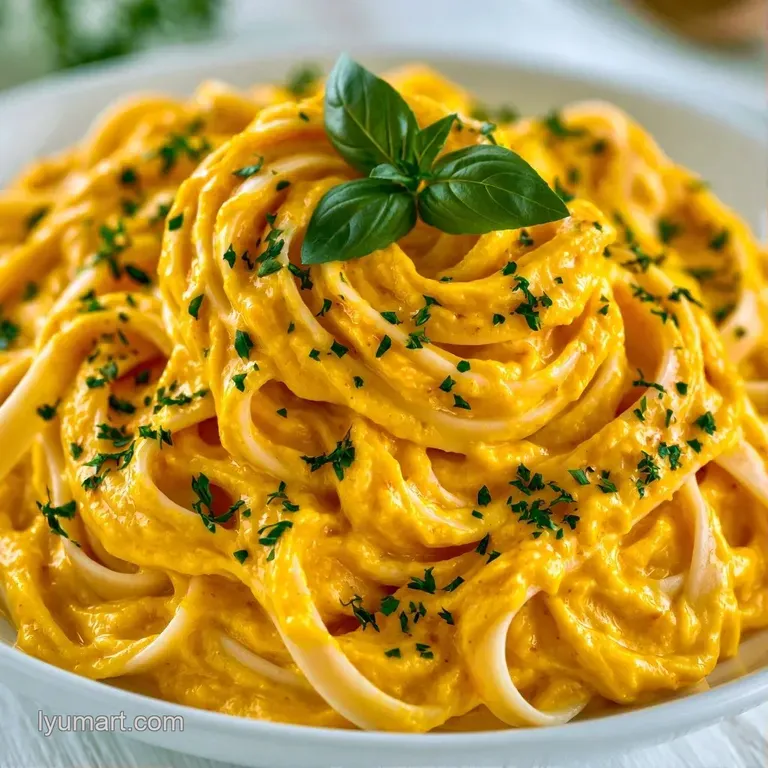 A white ceramic bowl filled with vibrant orange pasta, topped with a sprinkle of herbs and cracked black pepper.