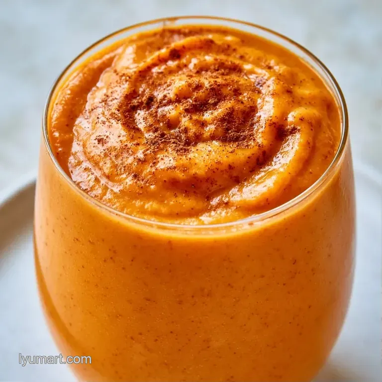 Frothy orange drink in a ribbed glass set on a rustic wood tray alongside cinnamon sticks and autumn leaves.