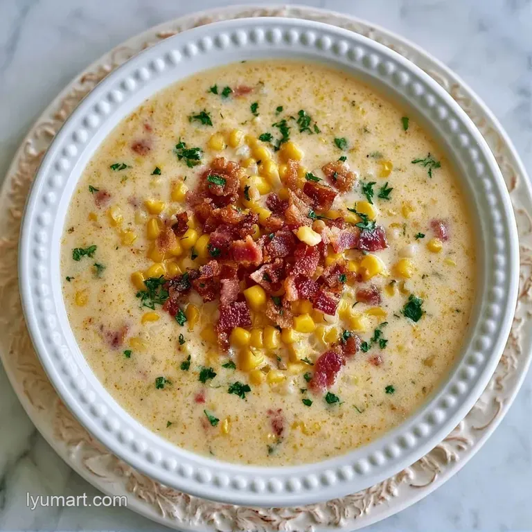 A white ceramic bowl filled with a thick yellow soup, topped with diced bacon and a sprig of fresh green parsley.