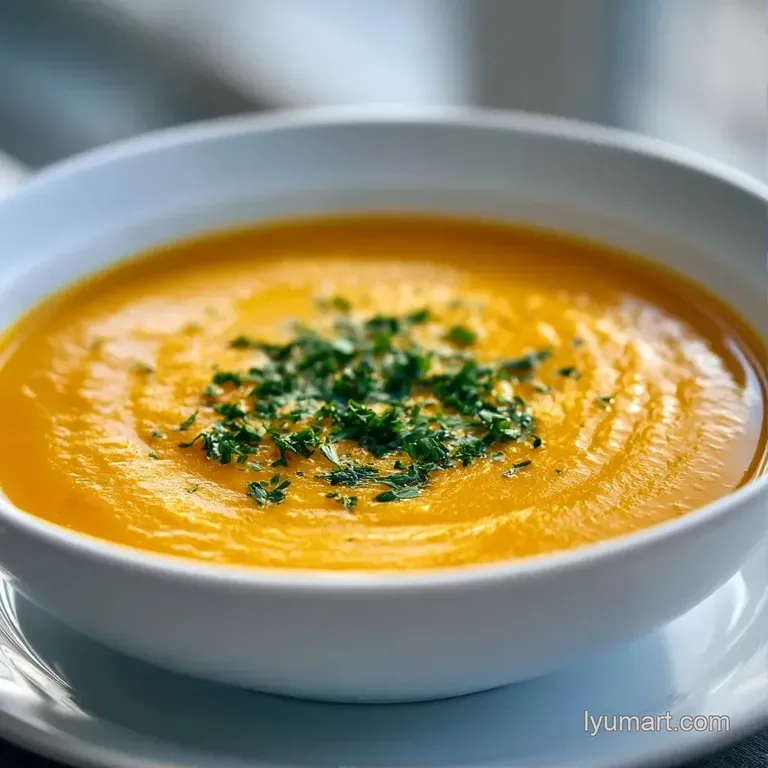 Vibrant golden puree in a white bowl, topped with toasted seeds and a swirl of cream on a neutral linen backdrop.