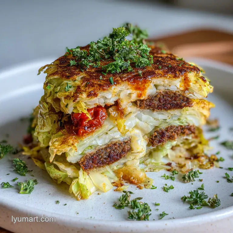 Crispy cabbage burger bake slice on a plate, steam rising, highlighting the layers of savory filling and melted cheese. Ap...