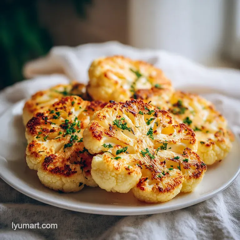 Plated cauliflower steak with vibrant green parsley sprig. Golden crust, tender interior. Elegant, simple, and delicious.