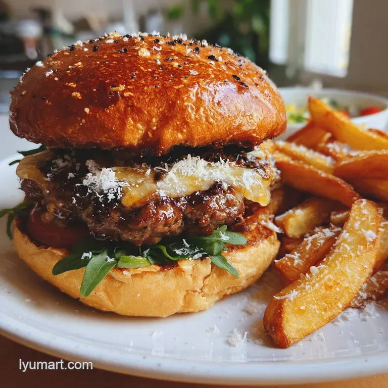 A toasted burger on a rustic plate, layered with melty cheese next to a heap of golden fries with flakes of baked garlic.
