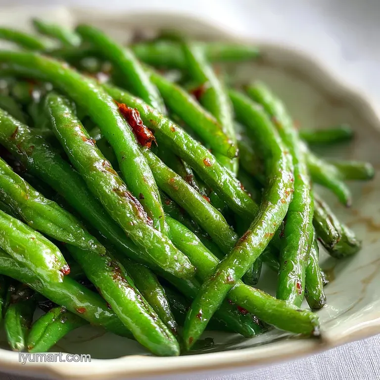Steaming pile of bright green beans served in a white bowl, with hints of char and glistening oil, ready to be enjoyed.