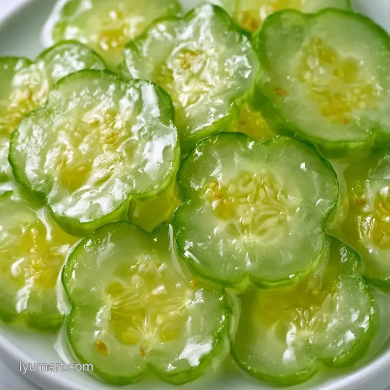 Neat stacks of translucent green cucumber rounds on a white ceramic plate, garnished with a sprig of fresh dill.