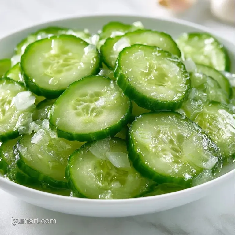 Crisp cucumber spears and sliced garlic cloves arranged on a white platter with fresh dill and a light glisten.