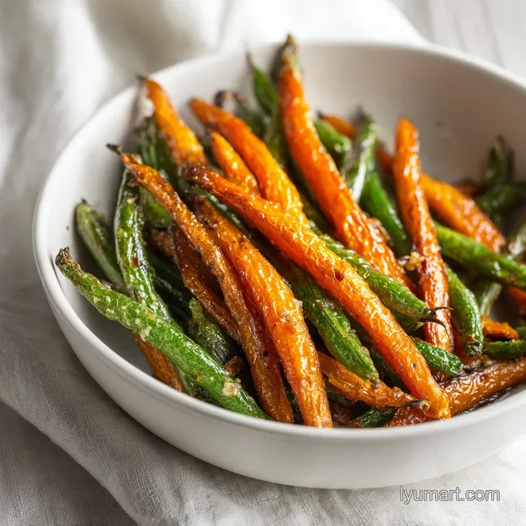 A refined plate of glistening roasted carrots and bright green beans, tossed in herbs. Tender textures, a healthy vibrant ...