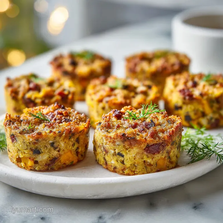 Neatly arranged plate with plump stuffing balls, garnished with fresh sage. Steaming with a hint of glistening melted butter.