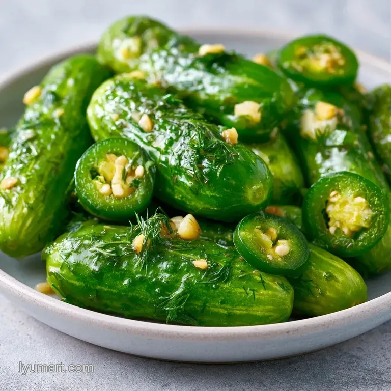 Bright green pickle spears and jalape&ntilde;o rounds elegantly arranged on a white marble platter with fresh herbs.