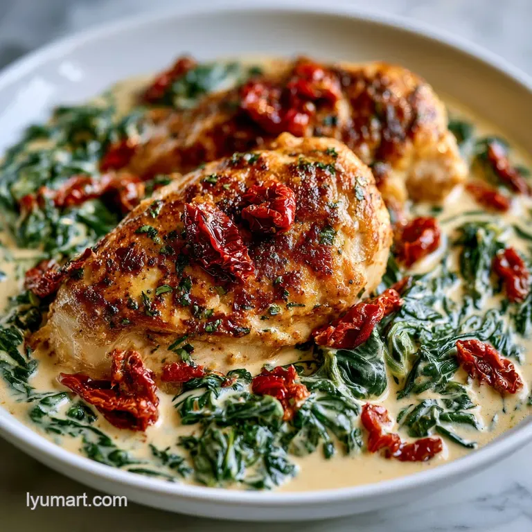 Tender chicken breasts smothered in a velvety cream sauce with spinach and tomatoes on a white ceramic plate.