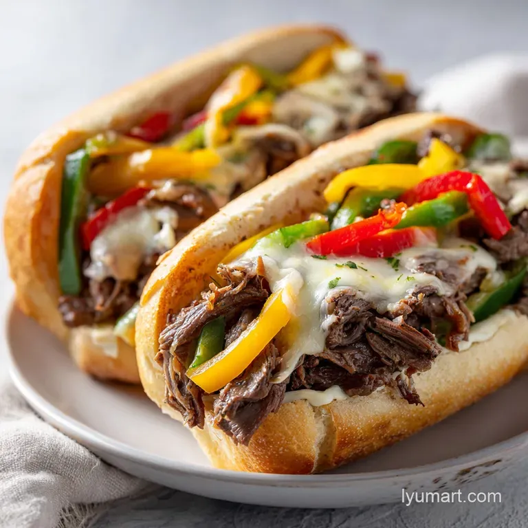 A generously filled hoagie roll with gooey melted provolone cheese, juicy beef, and sweet, browned onions.