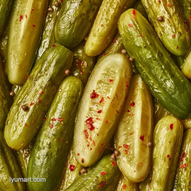 Sliced green pickle spears arranged on a white ceramic platter garnished with a sprig of fresh dill and black pepper.
