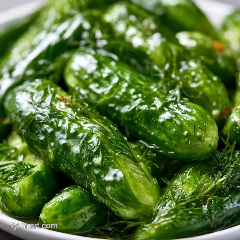 Crisp green cucumber slices arranged in a neat fan on a white ceramic plate with a sprinkle of fresh dill.