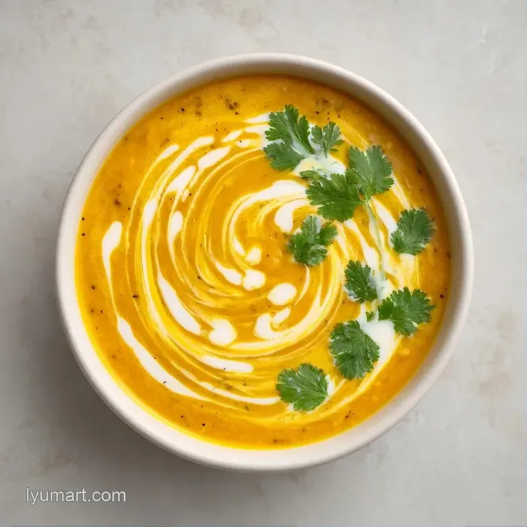 Golden vegetable puree in a white ceramic bowl, garnished with a coconut cream swirl and fresh green cilantro.