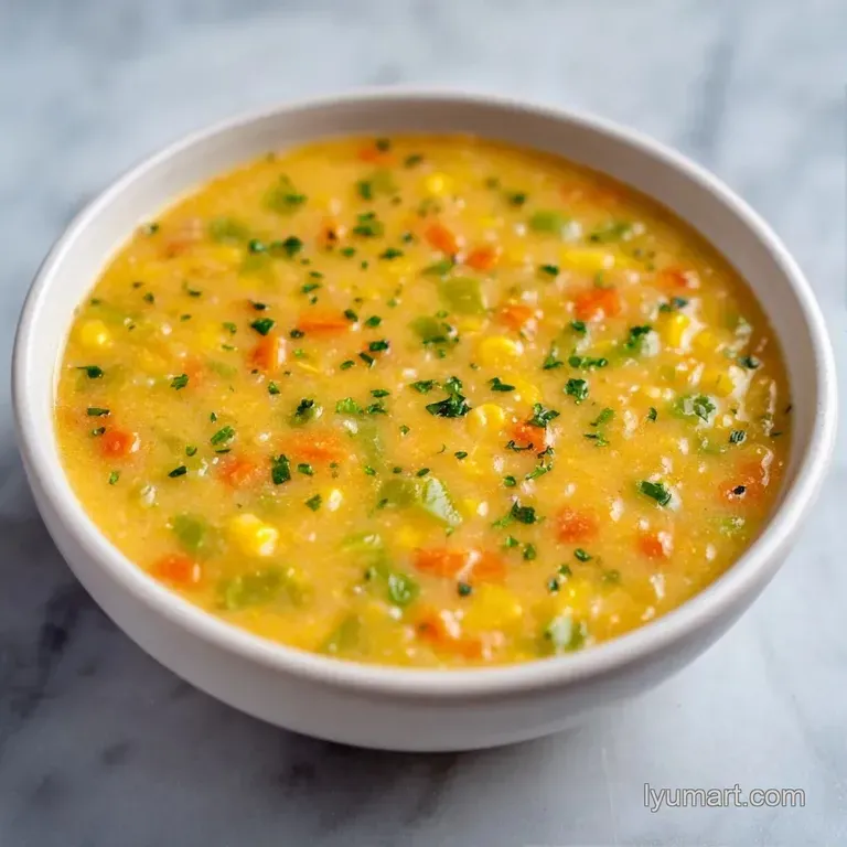 Golden cream soup in a wide white bowl on a linen cloth, garnished with cream swirls and fresh parsley sprigs.