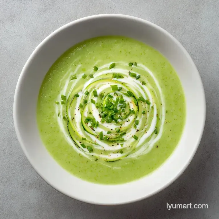 Velvety light green soup topped with a white coconut swirl and fresh mint leaves on a textured grey table.