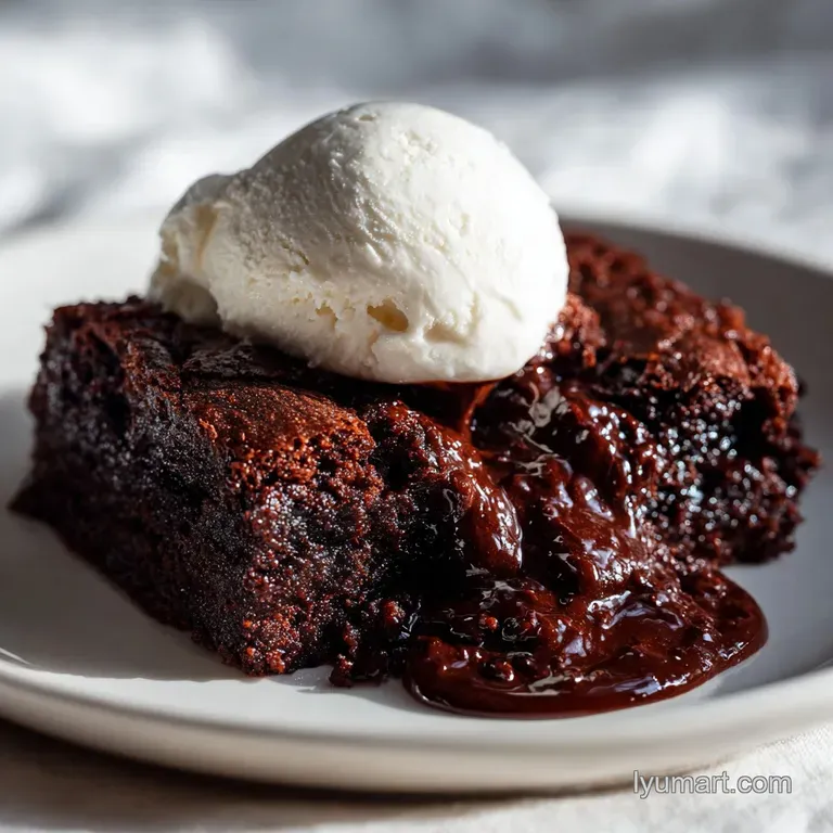 A generous scoop of dark chocolate cake with a glossy, fudgy interior, drizzled with cream.