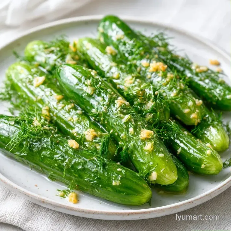 Slices of bright green pickles neatly arranged on a white ceramic plate with a sprig of fresh dill garnish.