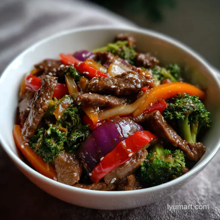 Elegant plate featuring tender beef stir-fry with perfectly arranged vegetables. Glistening sauce, appealing colors, ready...