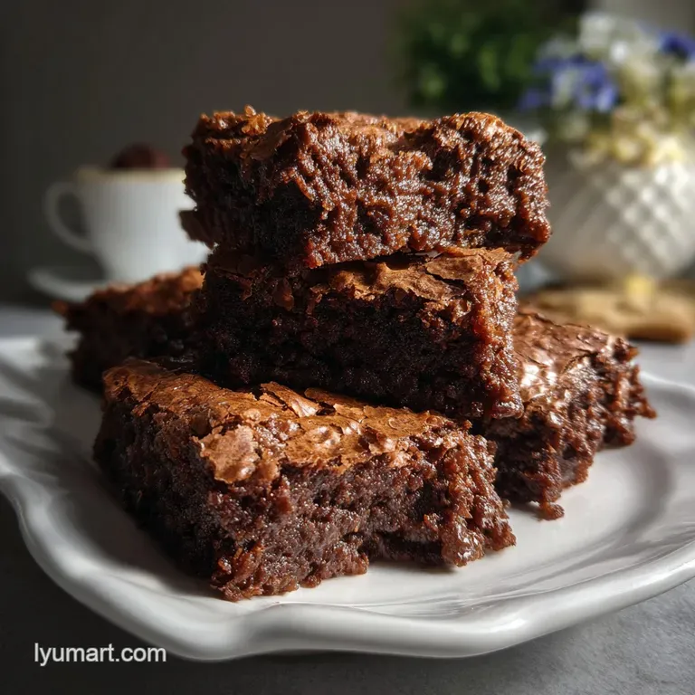 A single brownie square artfully plated on white, with a dusting of powdered sugar. The rich brown contrasts the stark white.