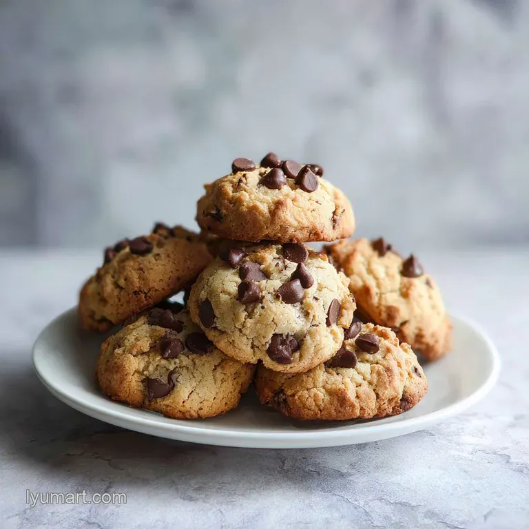 A stack of three rustic chocolate chip cookies, the top one slightly broken to show the gooey melted chocolate inside on a...