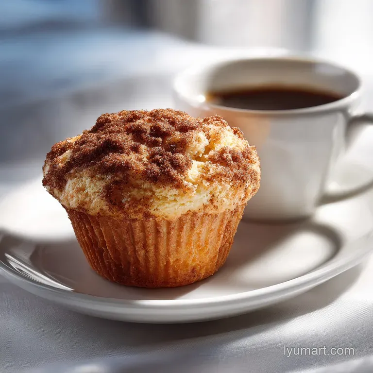 A single coffee cake muffin on a delicate plate, showcasing the moist interior and crumbly cinnamon swirl.
