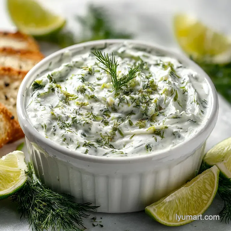 Elegant swirl of creamy dill dip artfully plated with crisp vegetable sticks arranged for dipping. Fresh and inviting.
