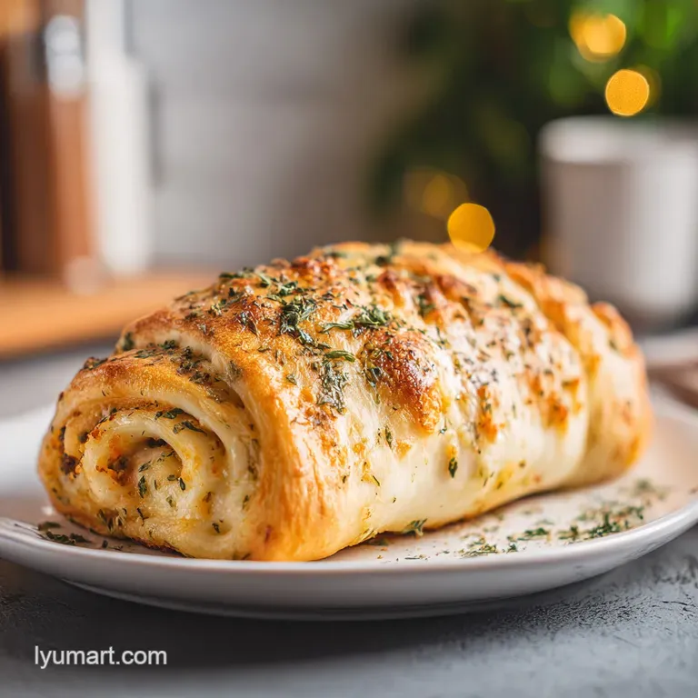 A single slice of stromboli, showcasing its flaky crust and colorful filling, is plated alongside a ramekin of rich marina...