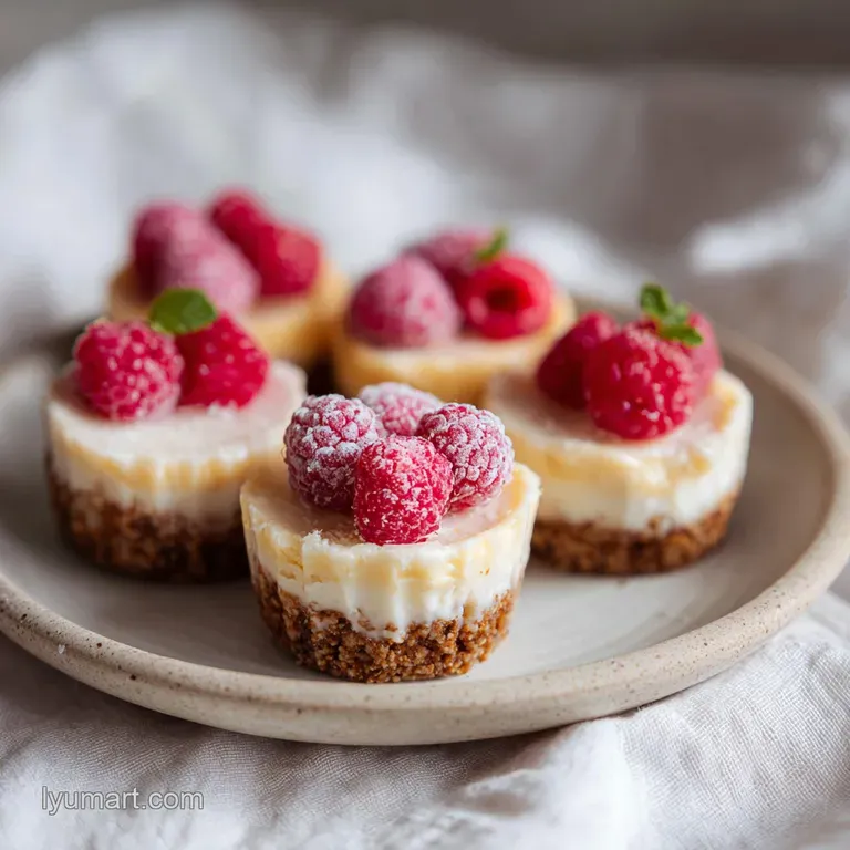 A single cheesecake bite, elegantly garnished with a dusting of powdered sugar on a dark plate.