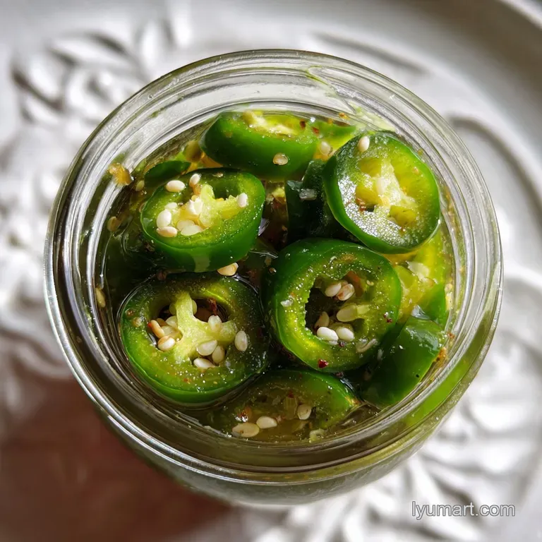 Pile of glistening, bright green pickled jalapeno slices overflowing from a rustic ceramic bowl. An enticing spicy condiment.
