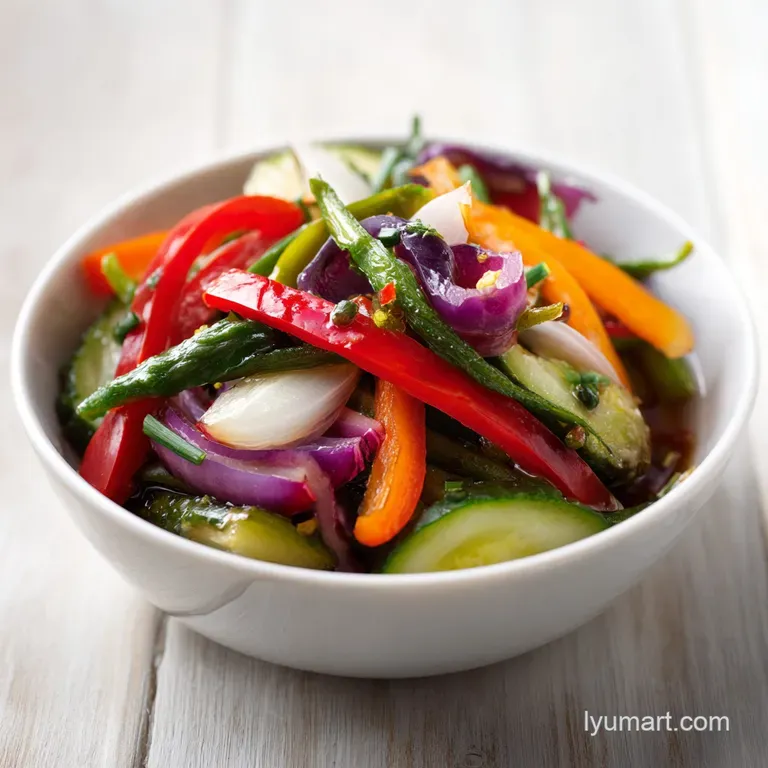 Neatly arranged pickled vegetables on a white plate. Gleaming with a light sheen, offering a refreshing, tangy, and crunch...