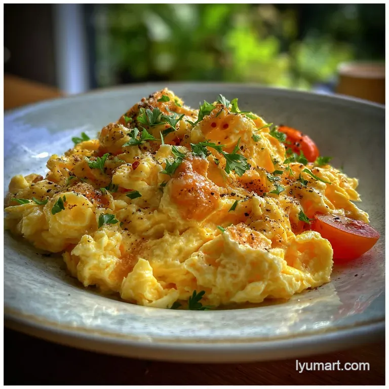 Silky scrambled eggs artfully arranged on toast points with a sprig of fresh chives, a simple, elegant presentation bathed...