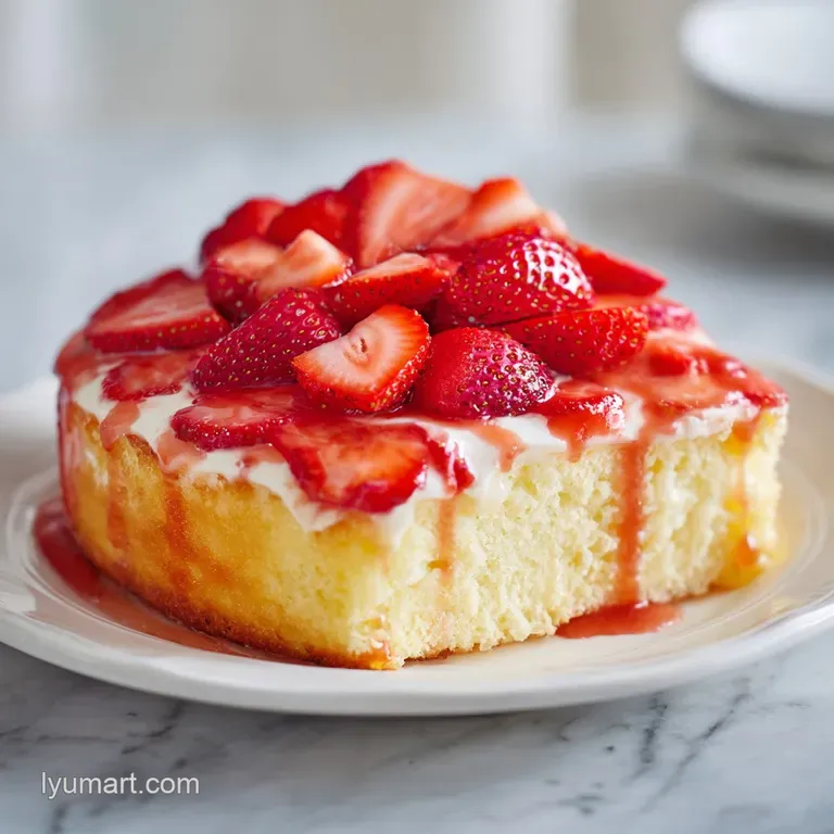 A generous slice of moist cake, bursting with bright red strawberry glaze and scattered berries.