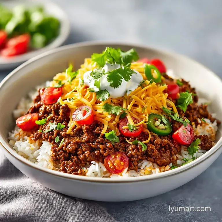 A beautifully plated taco rice bowl with a generous portion of seasoned beef, bright toppings, and a drizzle of flavorful ...