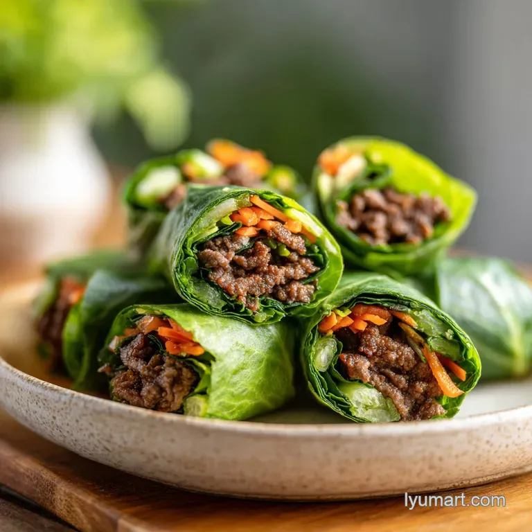Elegant plate with neatly arranged Thai basil beef rolls; chili sauce swirls and vibrant basil sprigs add pops of color.