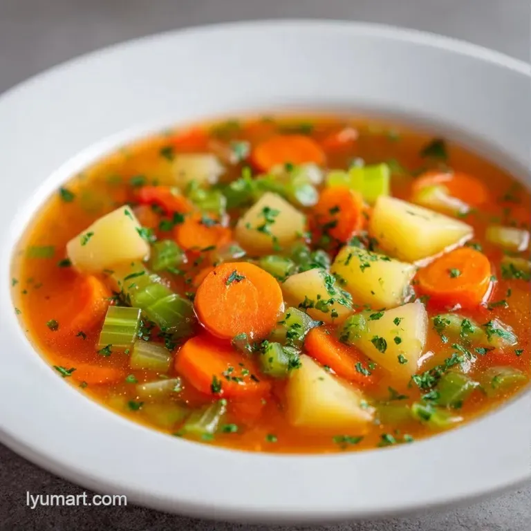 Colorful vegetable soup in a white ceramic bowl on a rustic wooden table with a side of toasted crusty bread.