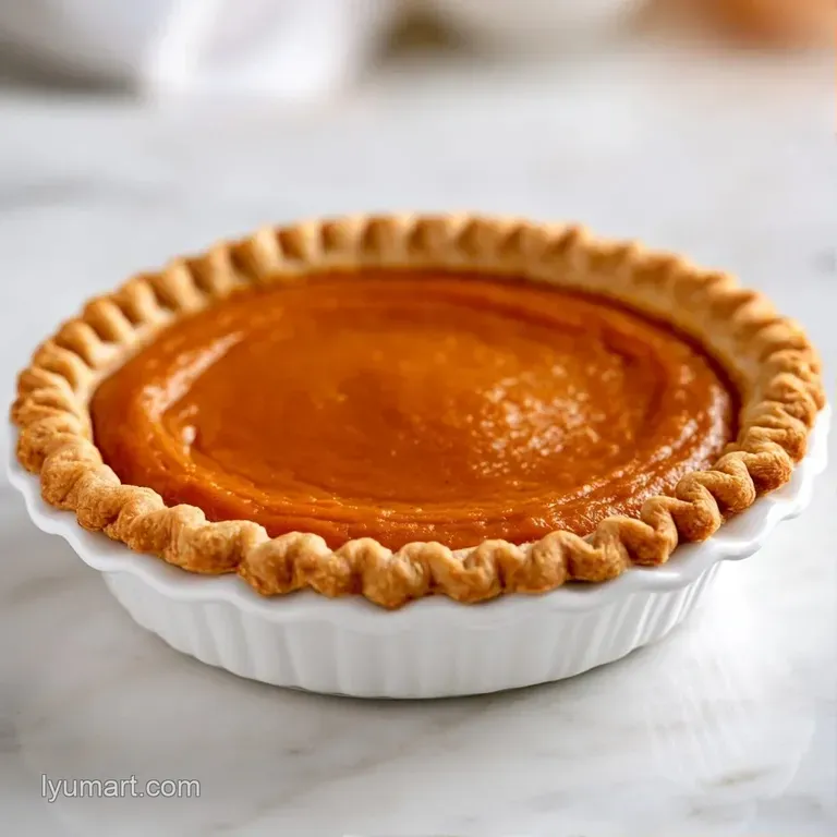 A slice of smooth orange custard pie on a ceramic plate, topped with a fluffy cream swirl and cinnamon dusting.