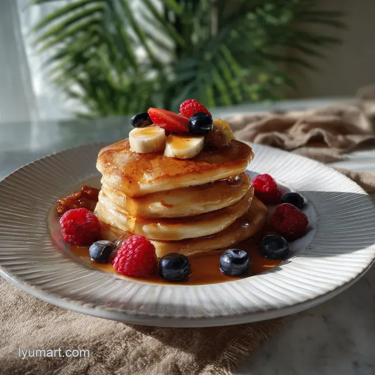 Fluffy pancake stack artfully arranged on a white plate, adorned with fresh berries and a dusting of powdered sugar, creat...