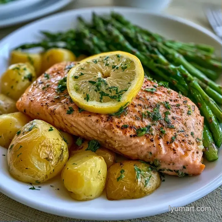 Pink salmon fillet glazed in honey butter served on a white ceramic plate with saut&eacute;ed greens and a lemon wedge.