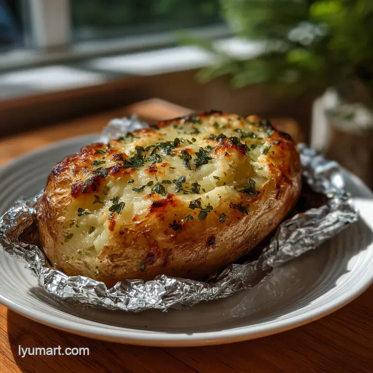 Golden, fluffy baked potato halves drizzled with melted butter and speckled with roasted garlic; served on rustic wooden b...