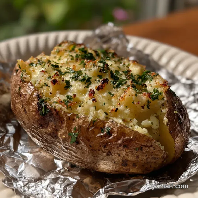 Baked Potato in Oven Wrapped in Foil with Garlic and Butter