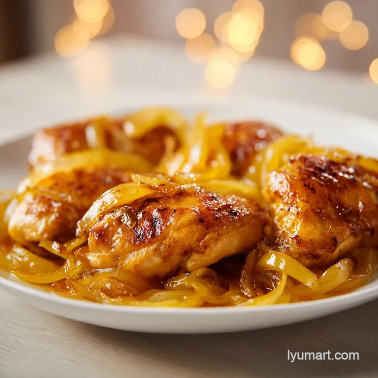 A sliced chicken breast on a white plate, topped with glossy caramelized onions and a drizzle of savory pan sauce
