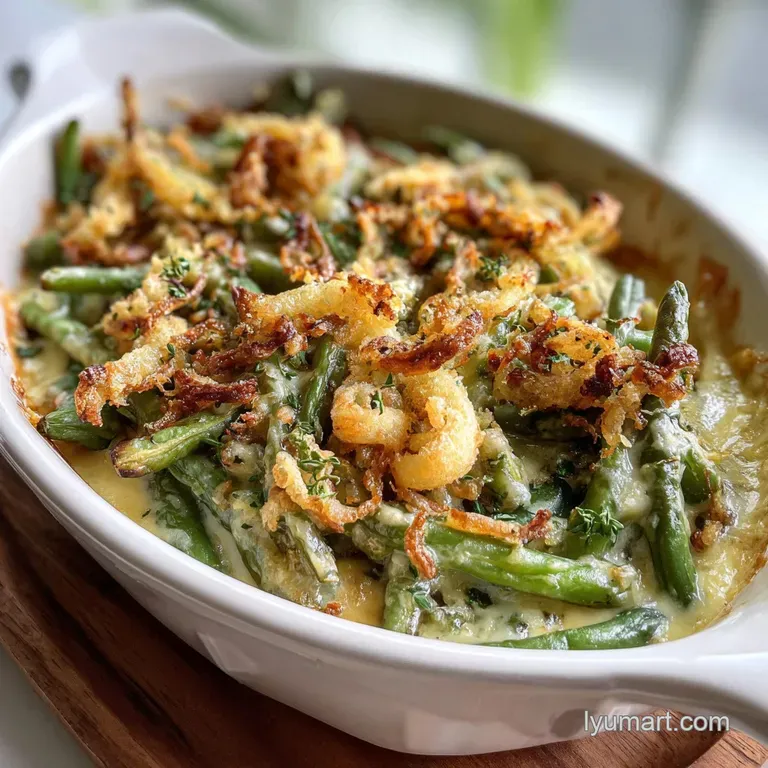 Creamy green bean casserole in a vintage white dish, garnished with browned onions and fresh parsley sprigs.