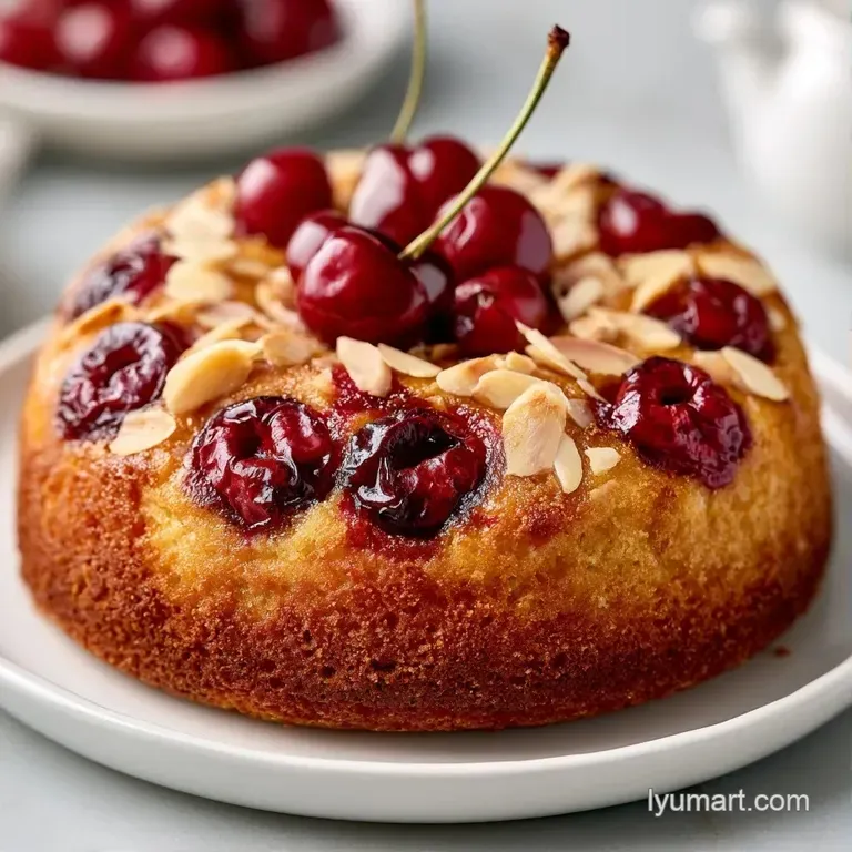A single slice of golden sponge cake on a white plate, garnished with juicy cherries and a dusting of sugar.