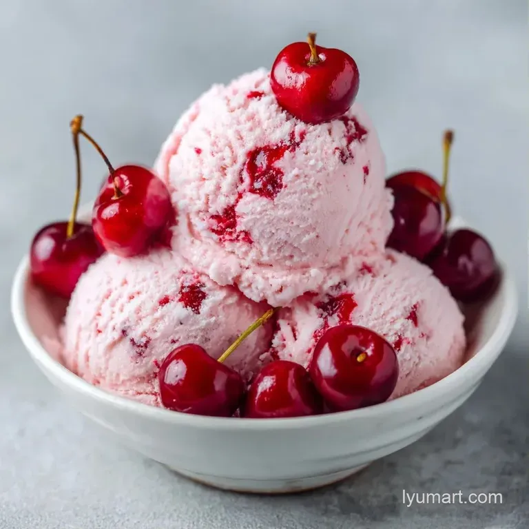 Three pale pink frozen scoops in a chilled glass bowl topped with a fresh mint sprig and glossy red syrup.